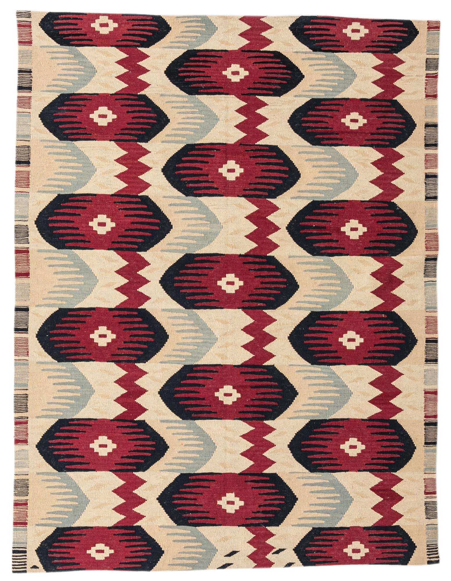 A 5x8 rectangular Kilim Modern wool rug with tribal patterns in ivory, red, and black.