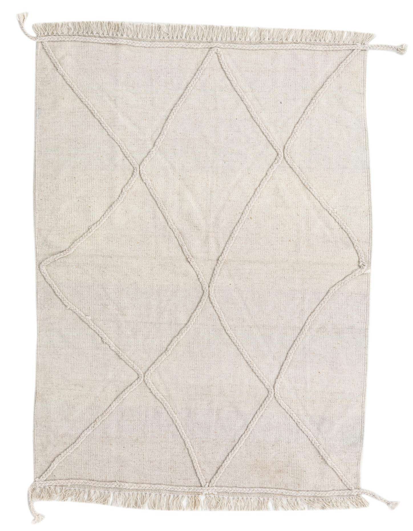 A 3x5 rectangular ivory flatweave rug with a raised braided diamond pattern and fringed edges.