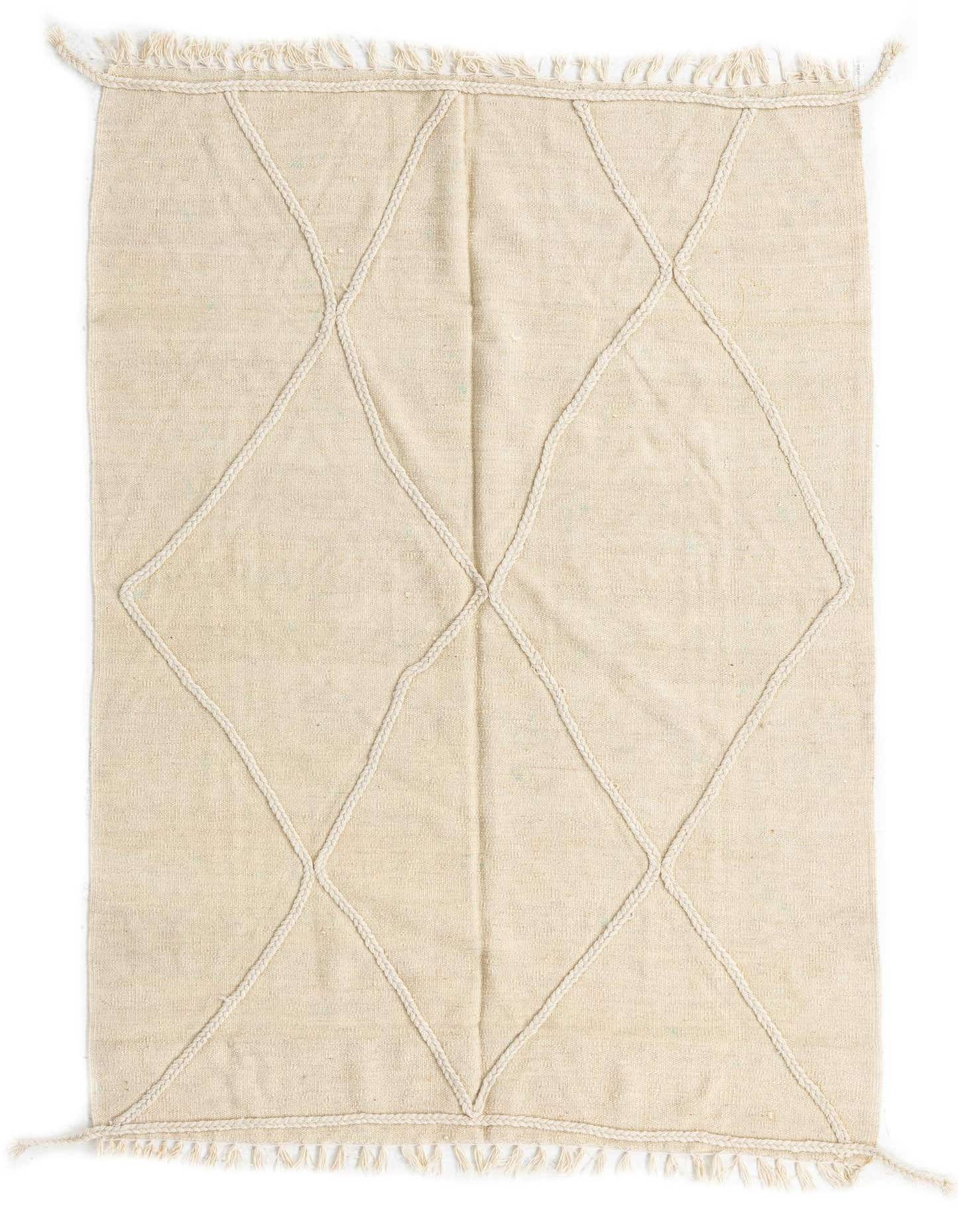 A 4x6 rectangular ivory flatweave wool rug with a tribal diamond pattern made from raised braided texture, featuring fringed edges.