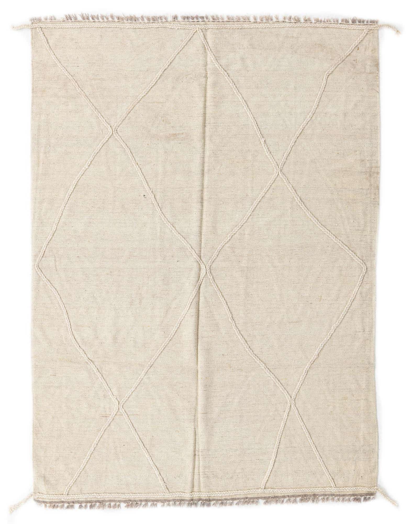A 5x8 rectangular ivory wool flatweave rug with a raised braided diamond pattern, suitable for a living room.