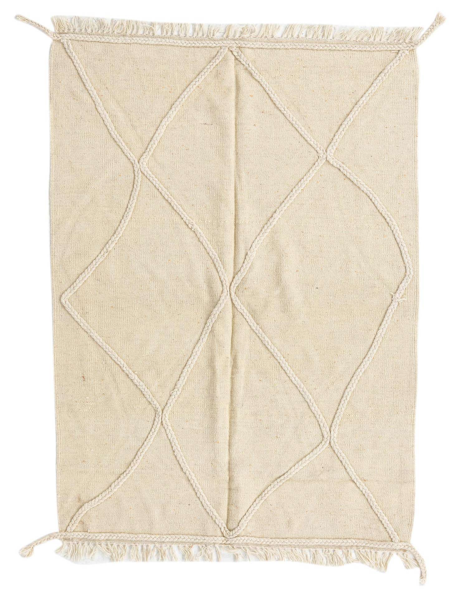 A 3x5 rectangular ivory flatweave wool rug with a modern tribal diamond pattern made from braided ropes, featuring fringed ends.