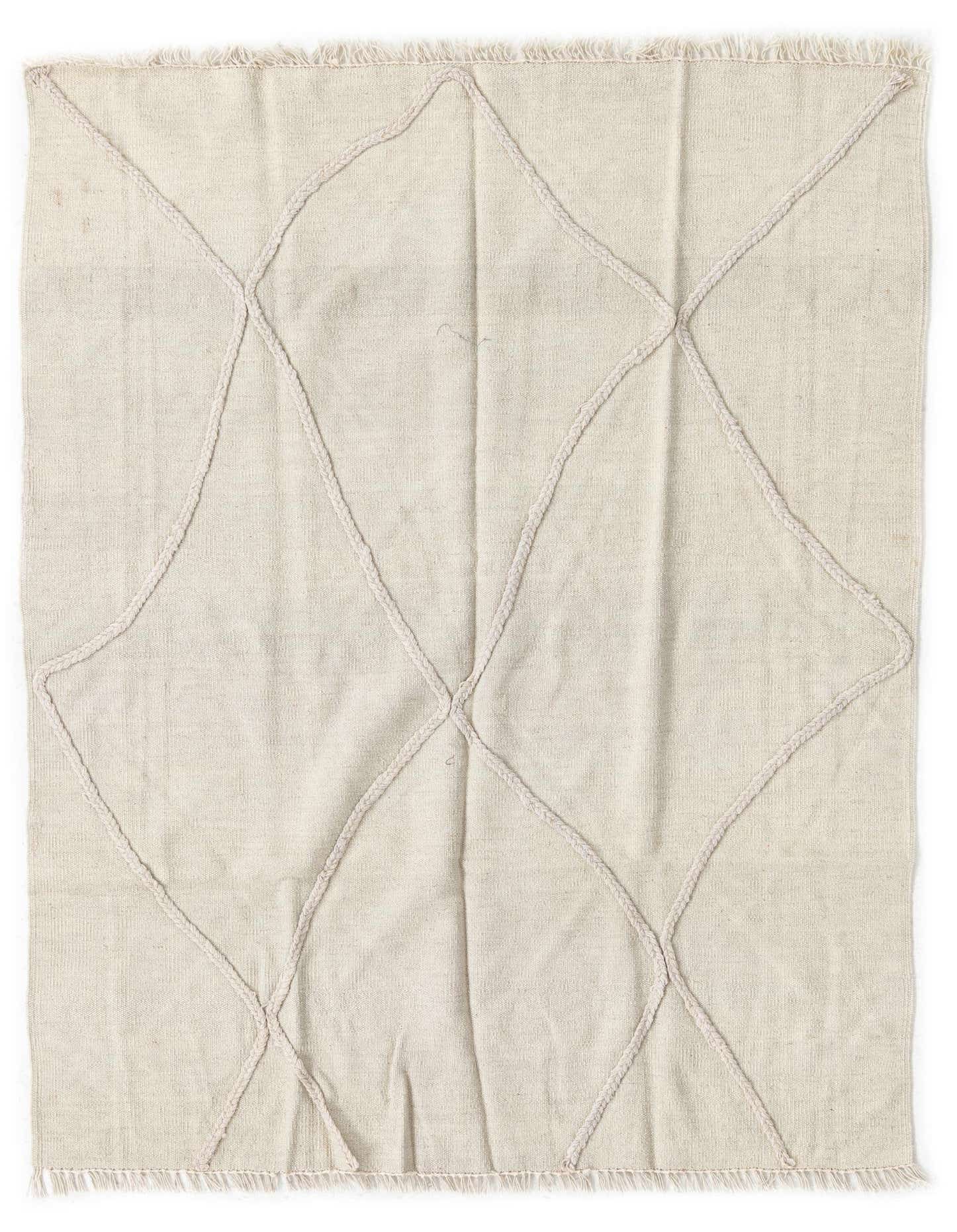 A 4x6 rectangular ivory wool flatweave rug with a textured tribal diamond pattern and fringed edges.