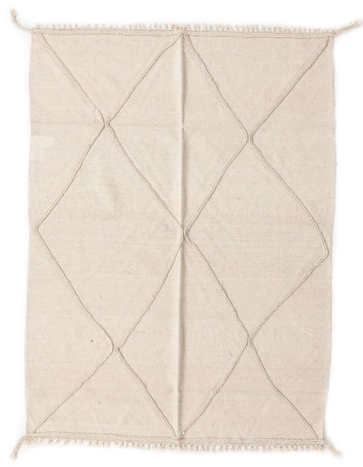 A 4x6 rectangular ivory wool flatweave rug with a textured diamond pattern and fringed edges, suitable for various indoor rooms.