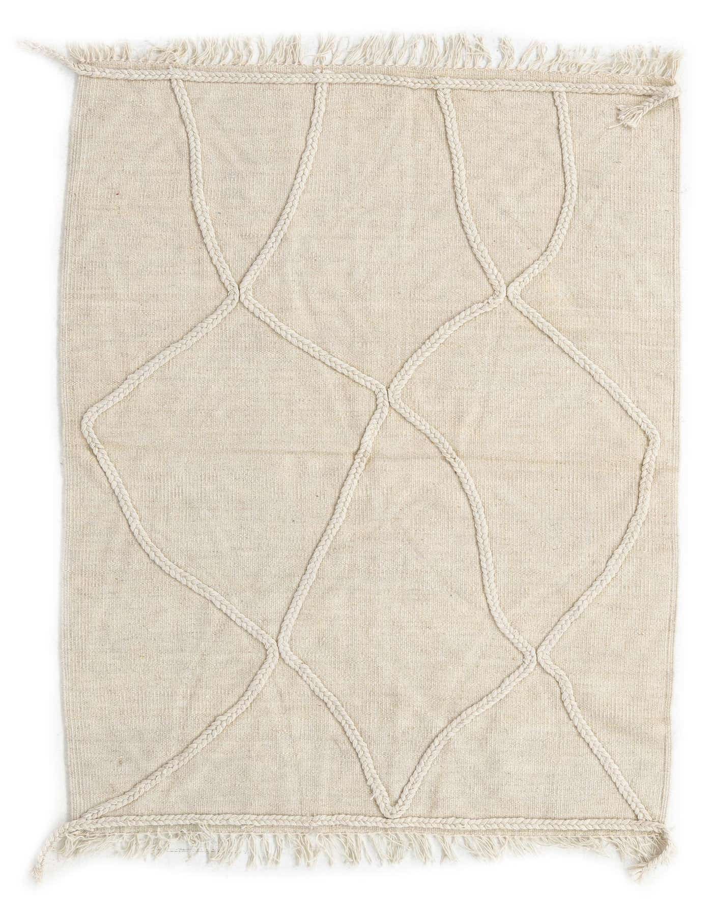 A 3x5 rectangular ivory flatweave wool rug with a raised braided diamond pattern and fringed ends.