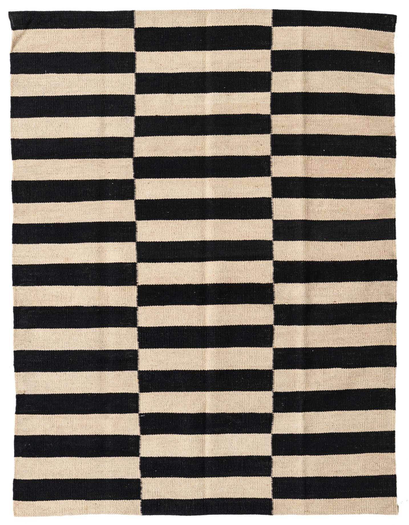 A 3x5 rectangular Kilim Modern rug with alternating black and ivory horizontal stripes, creating a bold, modern tribal pattern.