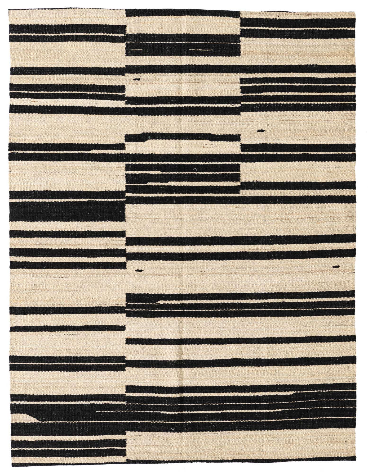 A 4x6 rectangular flatweave rug with a modern tribal stripe pattern in ivory and black, suitable for a living room.