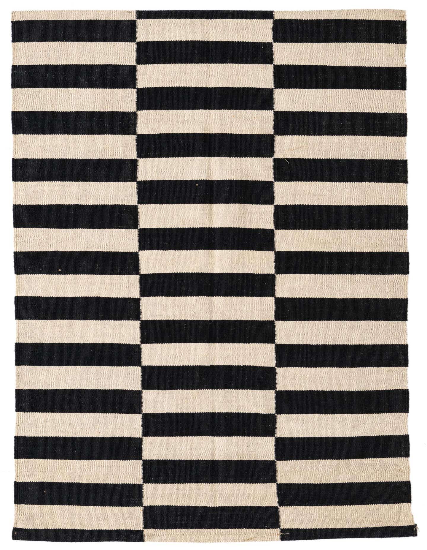 A 3x5 rectangular Kilim Modern rug with a bold black and ivory stripe pattern, ideal for a kitchen or entryway.