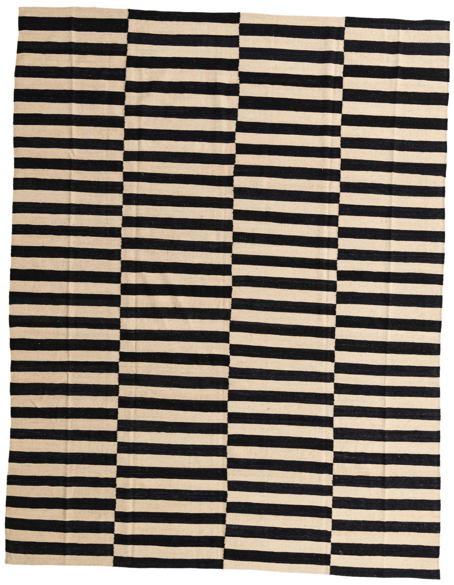 An 8x10 rectangular flatweave rug featuring bold horizontal black and cream stripes, arranged in alternating vertical blocks.