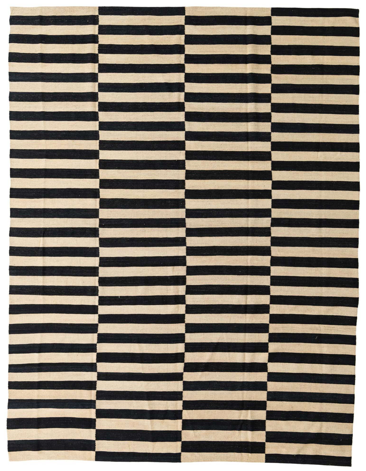 A 9x11 rectangular Kilim Modern rug with alternating horizontal black and ivory stripes in a tribal, abstract pattern.