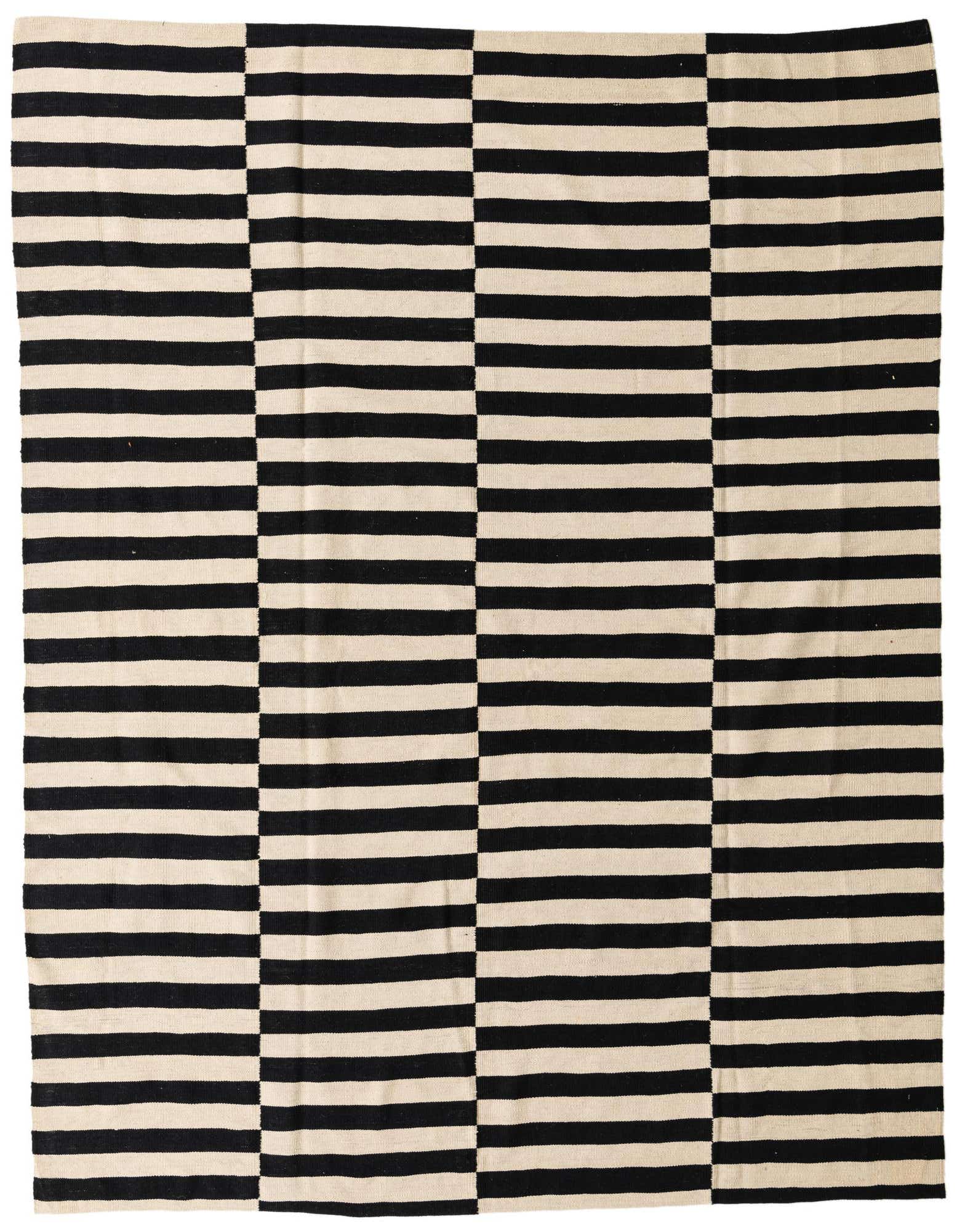 An 8x10 rectangular flatweave rug featuring bold black and ivory horizontal stripes in a modern tribal pattern.