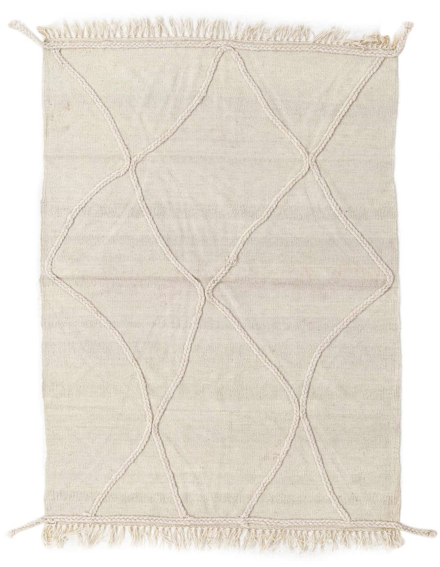 A 3x5 rectangular ivory flatweave wool rug featuring a textured diamond pattern and fringe.