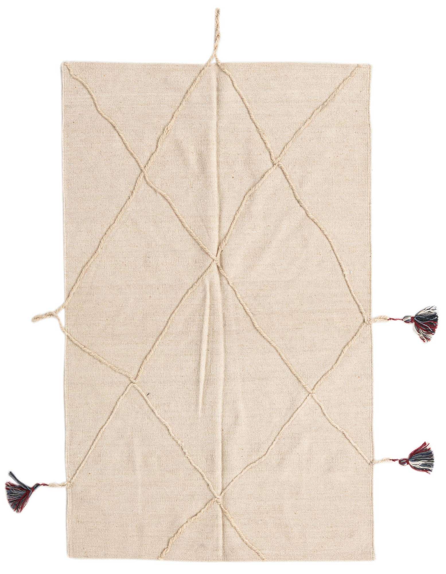 A 3x5 rectangular ivory flatweave wool rug with a tribal diamond pattern made from raised natural rope and decorative tassels.