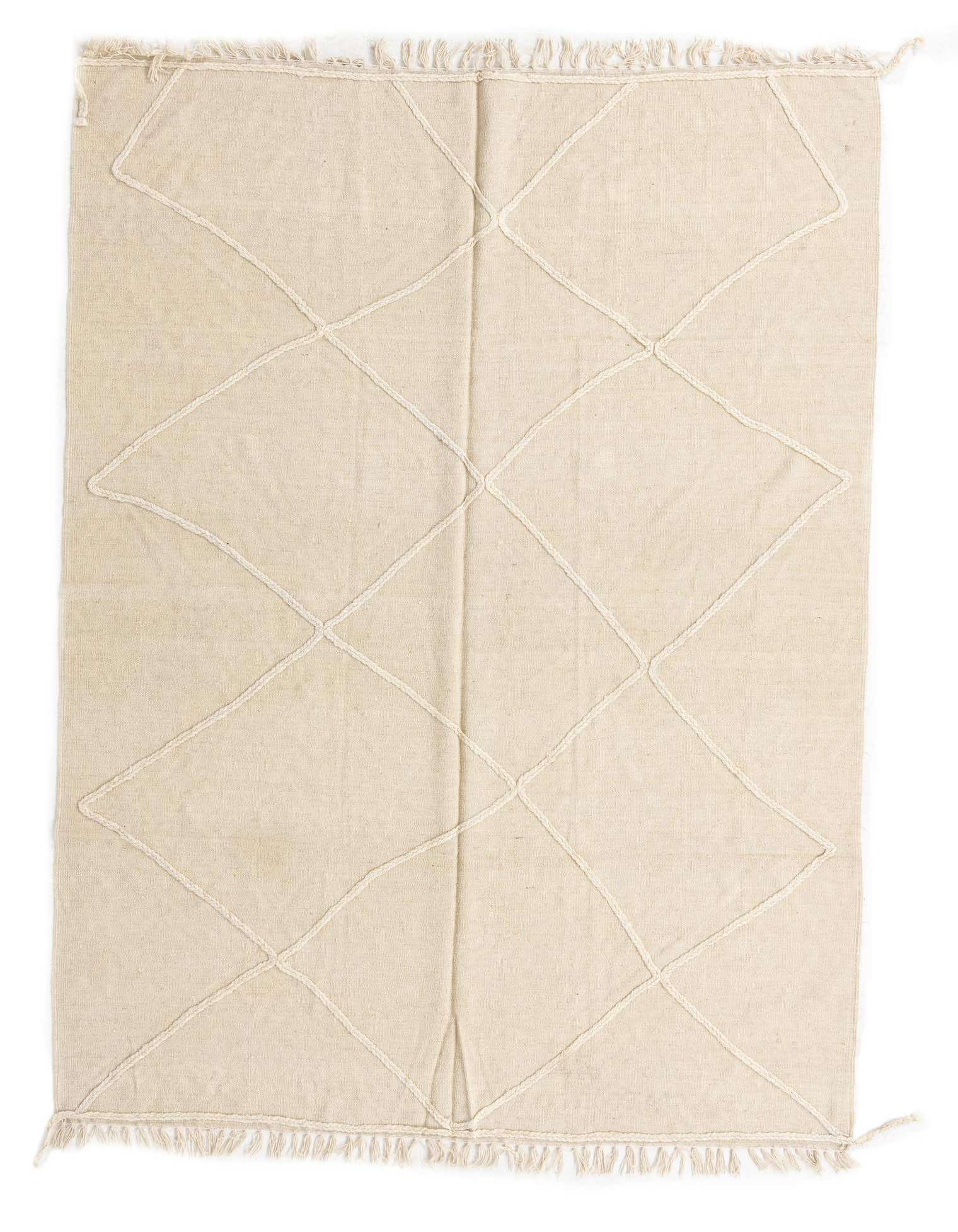 A 5x8 rectangular ivory wool flatweave rug with a subtle white diamond tribal pattern and fringed edges.