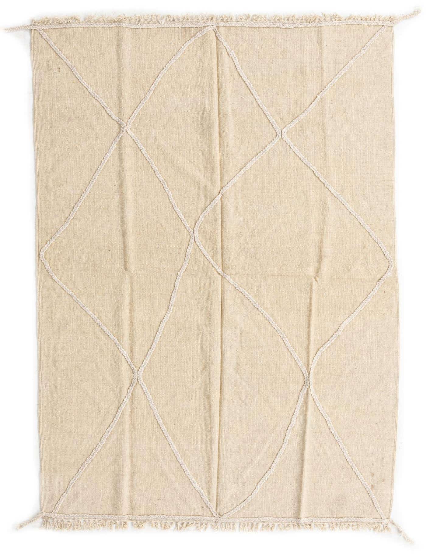 A 5x8 rectangular ivory flatweave wool rug with a subtle white tribal diamond pattern and fringed edges.
