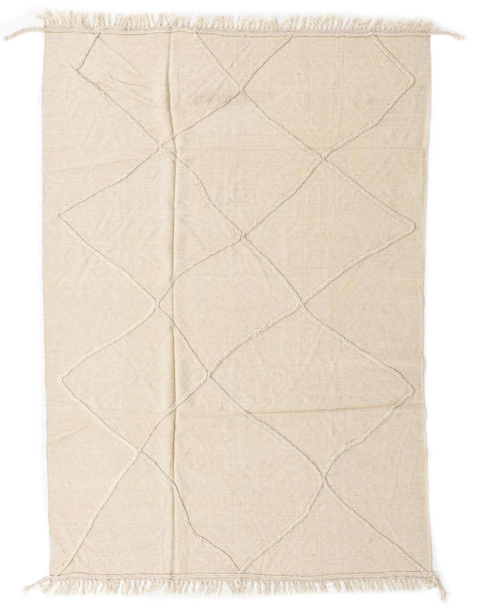 A 5x8 rectangular ivory flatweave wool rug with a subtle tribal diamond pattern and fringed ends.