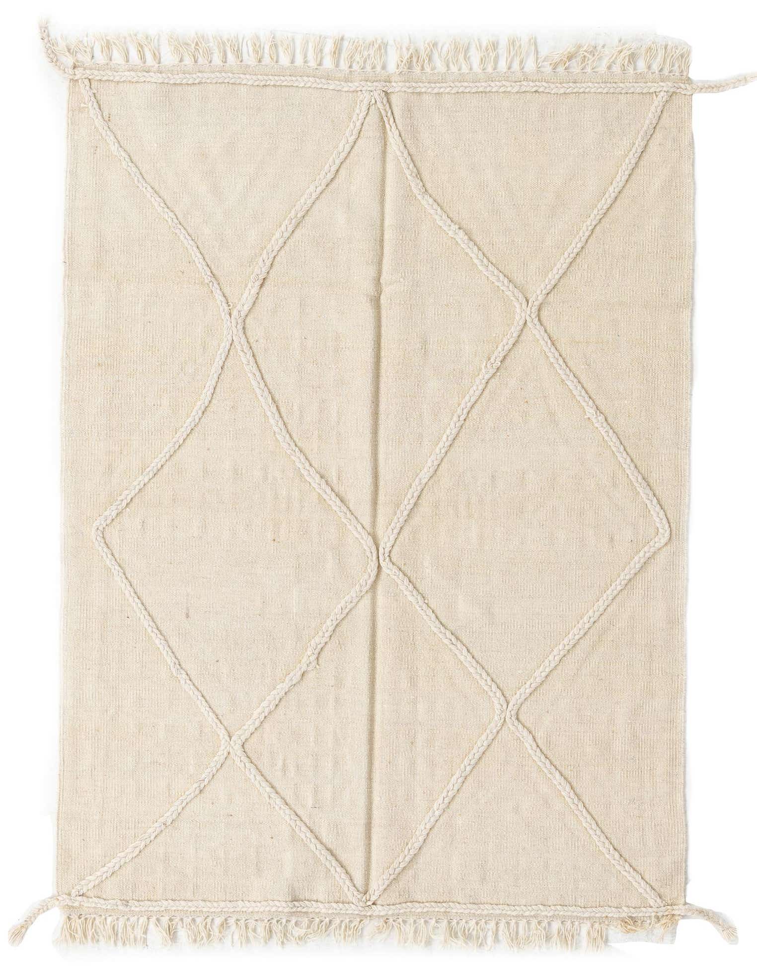 A 3x5 rectangular ivory flatweave wool rug with a raised braided diamond pattern and fringed ends, suitable for a kitchen or entryway.