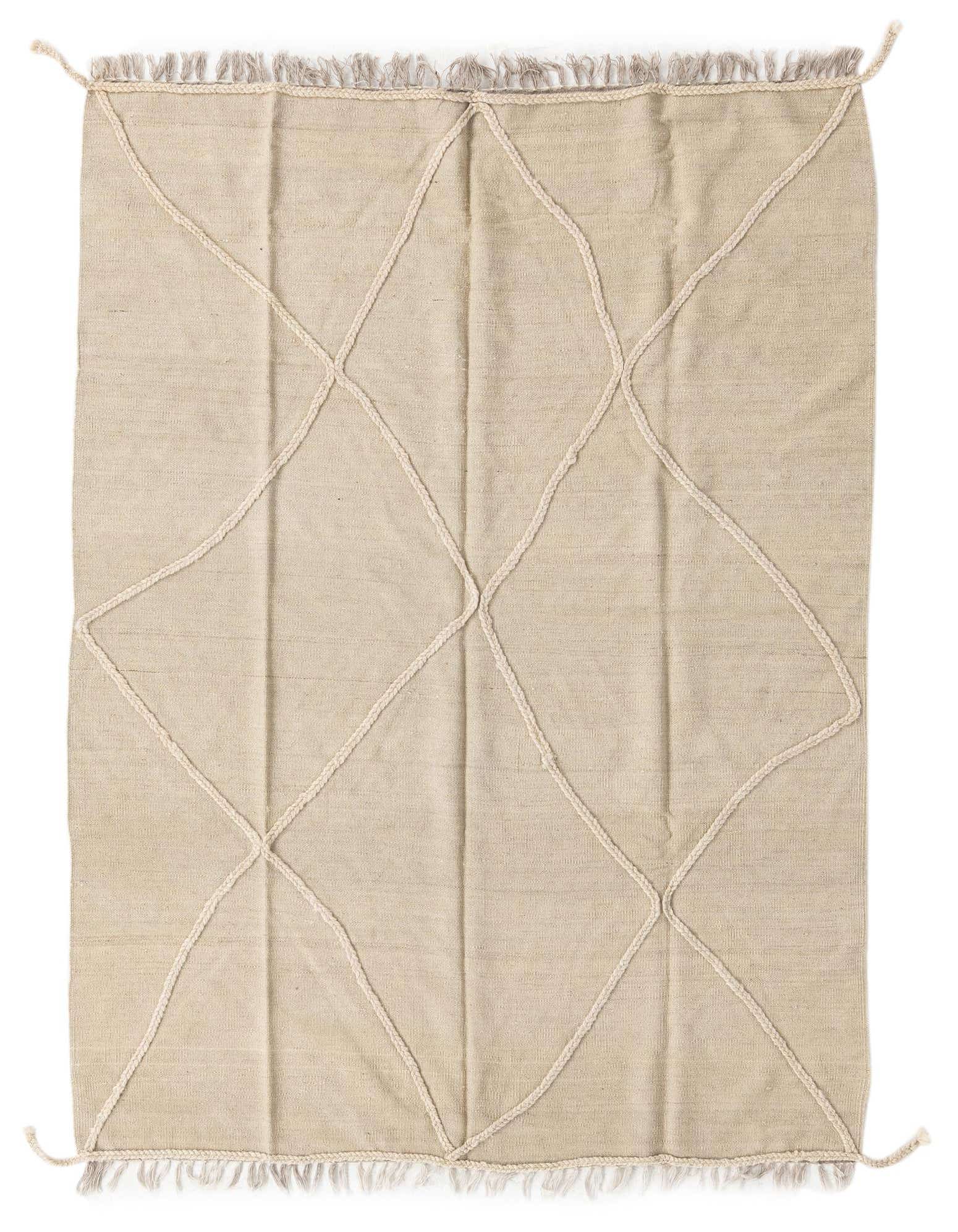 A 5x8 rectangular ivory flatweave wool rug with a subtle cream braided geometric pattern and fringed ends.