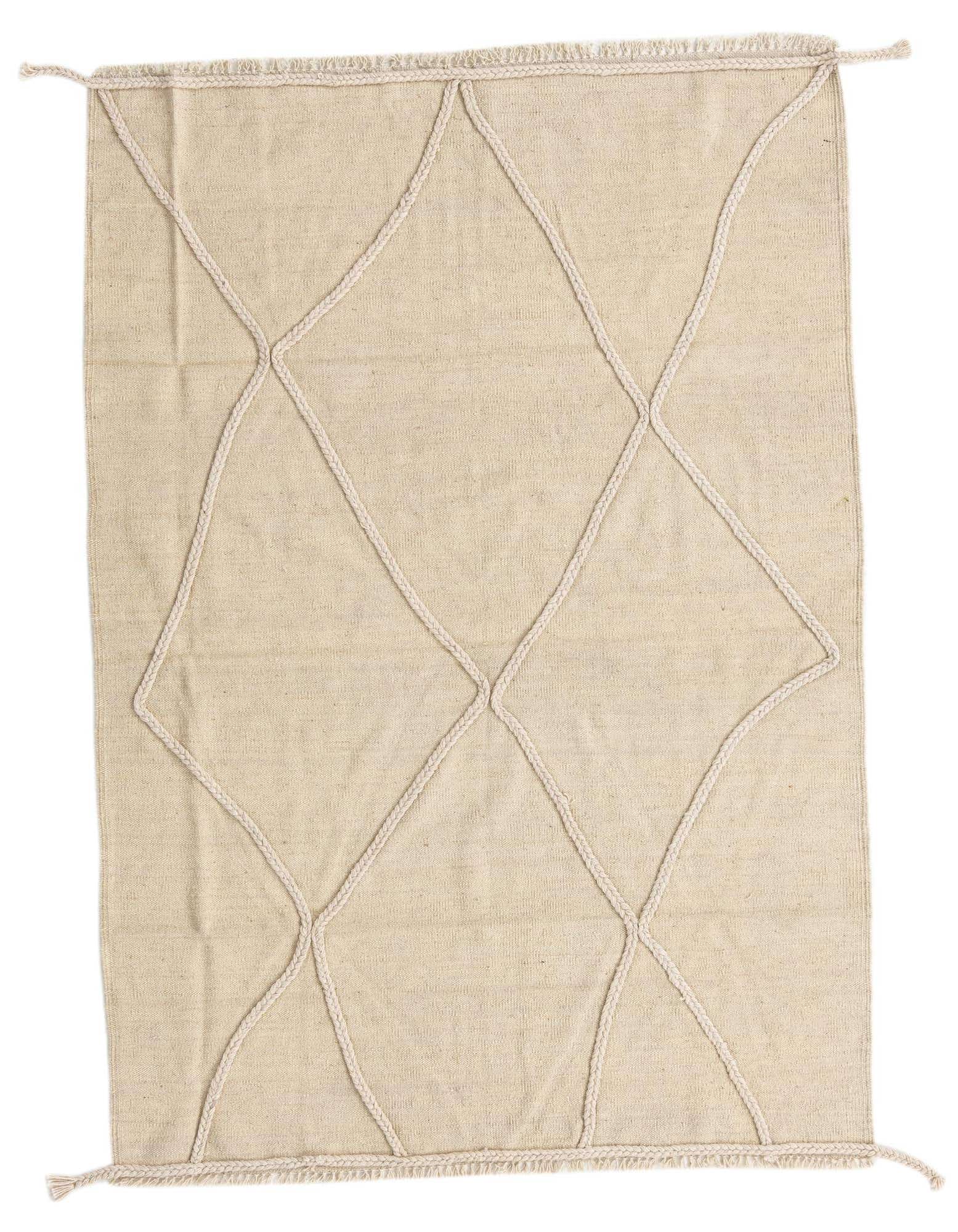 A 4x6 rectangular ivory flatweave wool rug with a modern tribal diamond pattern made from braided ropes.