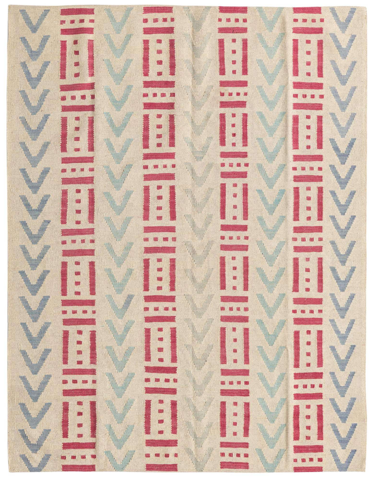 A 4x6 rectangular ivory flatweave wool rug with a modern tribal pattern of vertical red and light blue geometric shapes.