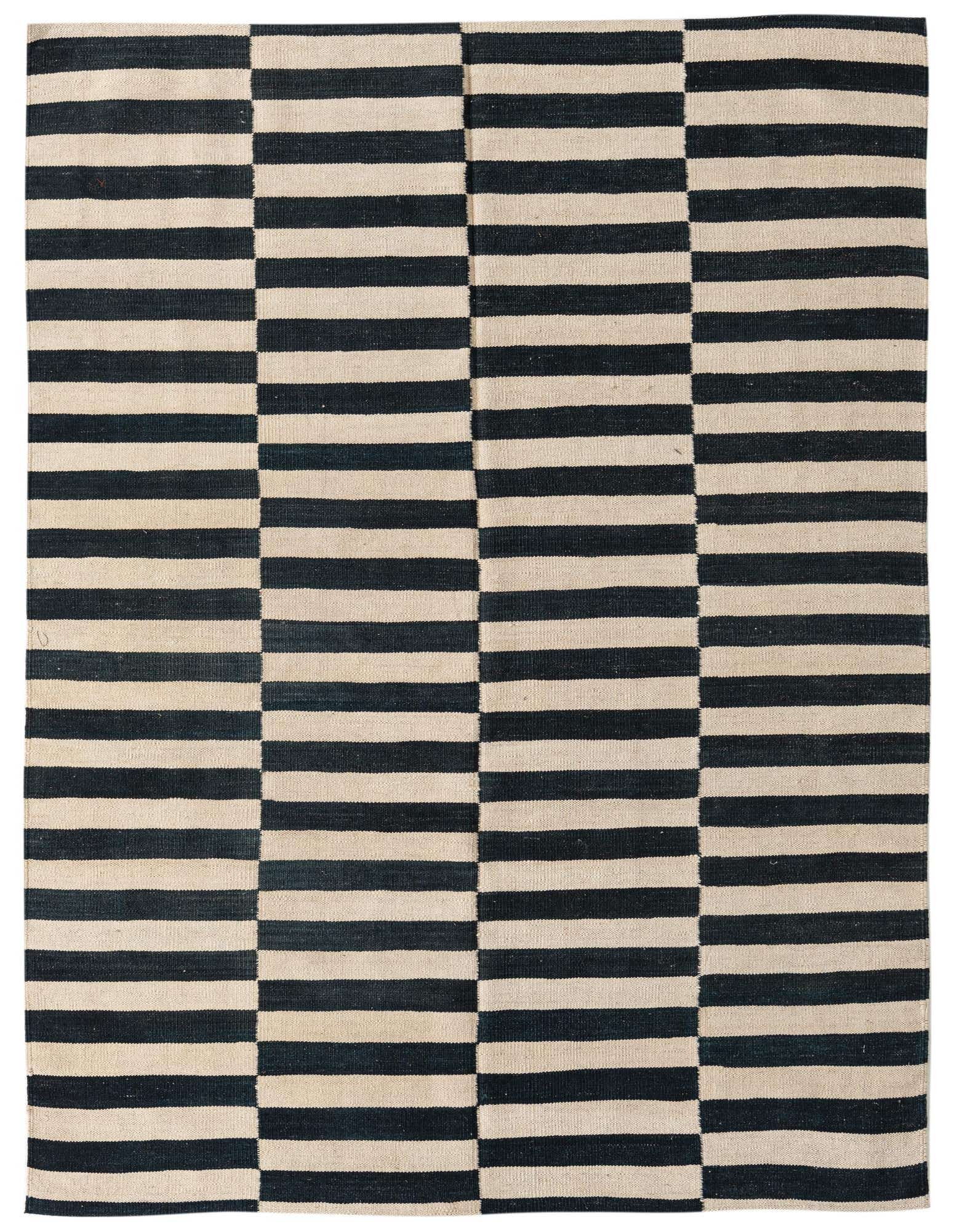 A 4x6 rectangular Kilim Modern rug with alternating ivory and black horizontal stripes, creating a bold, modern tribal pattern.