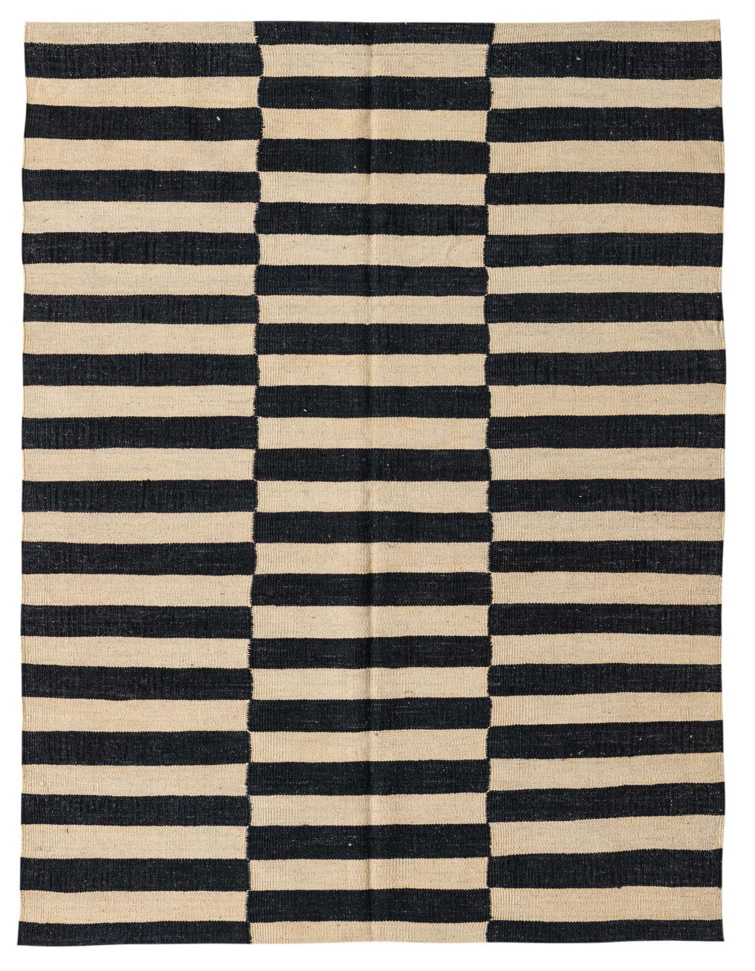 A 4x6 rectangular Kilim Modern rug with alternating black and ivory horizontal stripes, creating a tribal, modern pattern.