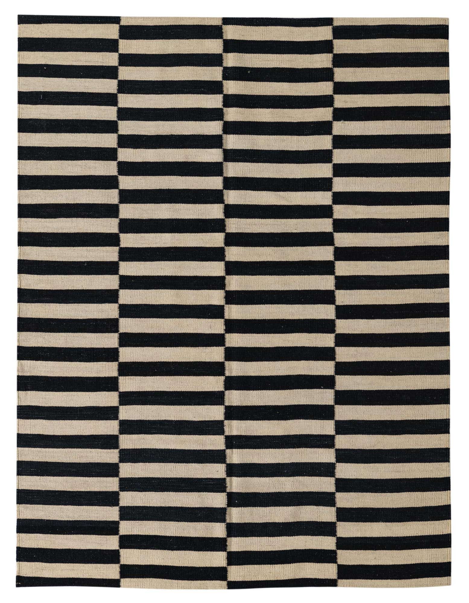 A 4x6 rectangular Kilim Modern rug with alternating horizontal stripes of black and ivory, creating a tribal geometric pattern.