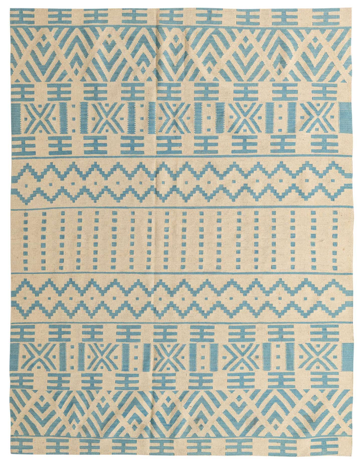 A 6x9 rectangular Kilim Modern rug in ivory with a light blue tribal geometric pattern, suitable for a living room.