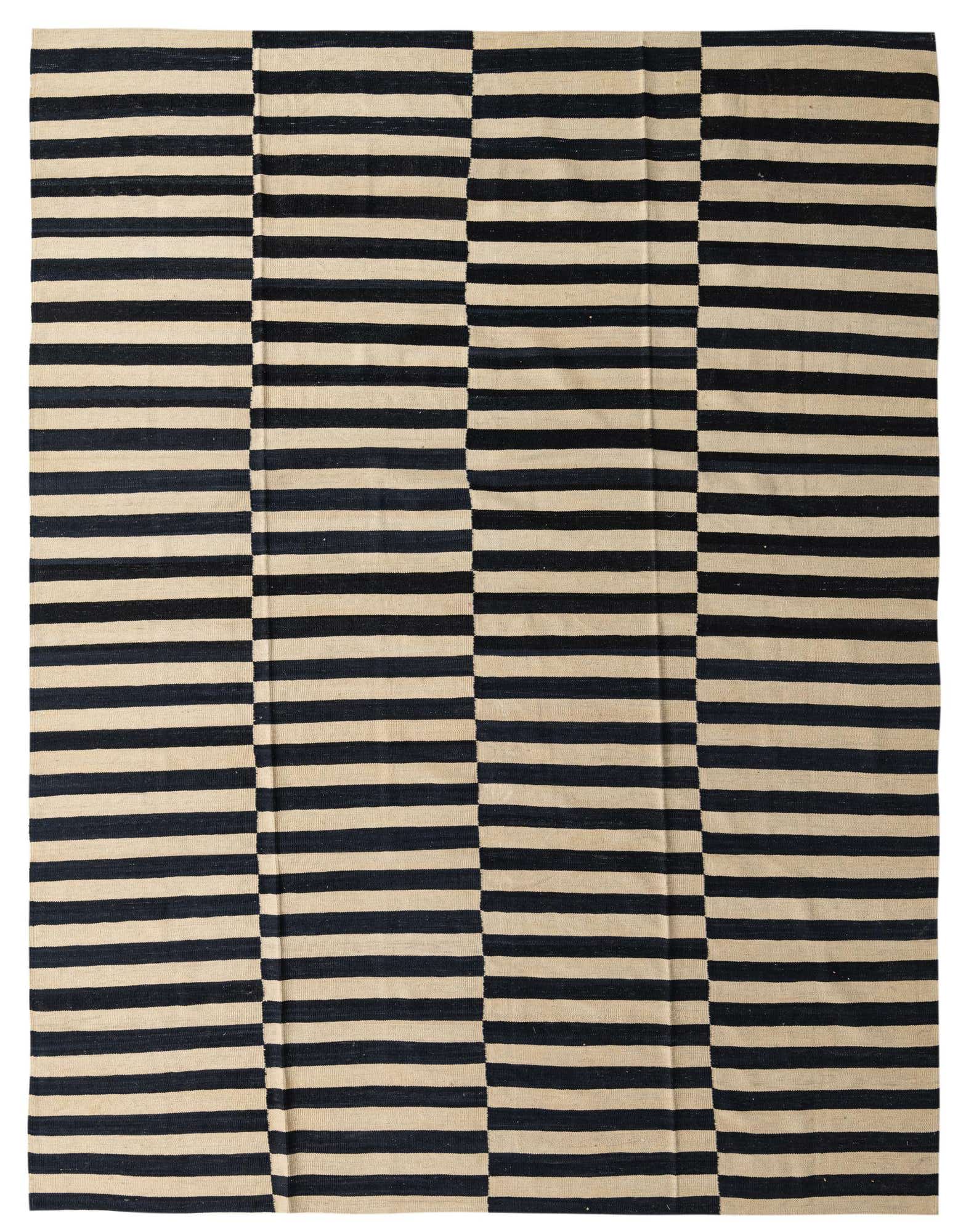 A 9x11 rectangular Kilim Modern rug with a bold tribal stripe pattern in ivory and black.