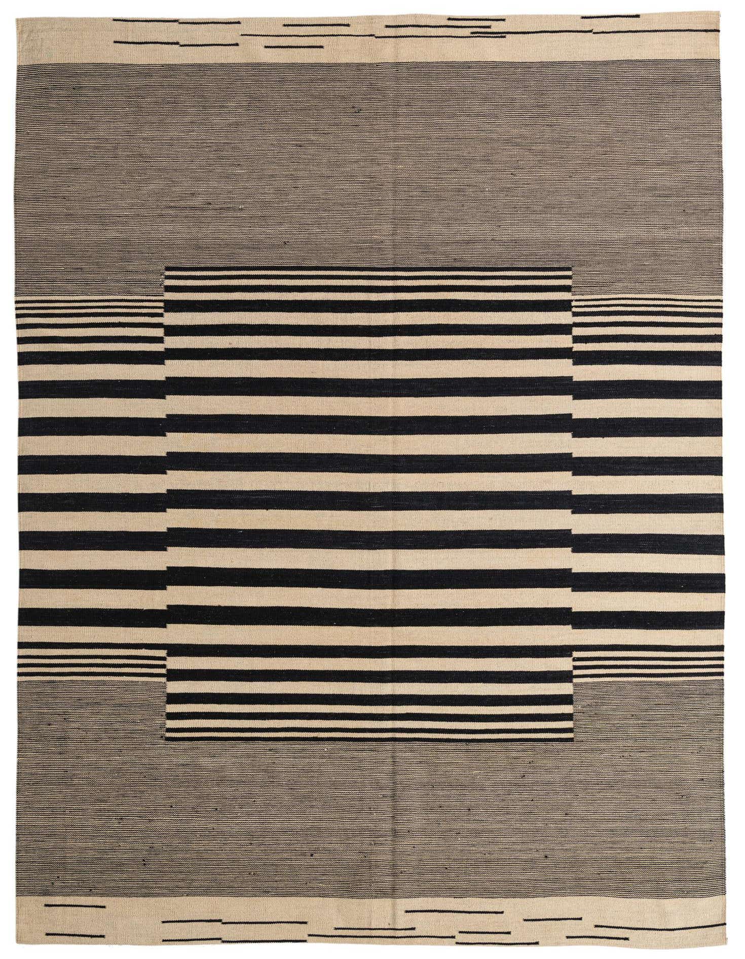 A 7x10 rectangular flatweave rug with a modern tribal pattern in ivory and black stripes and solid blocks.