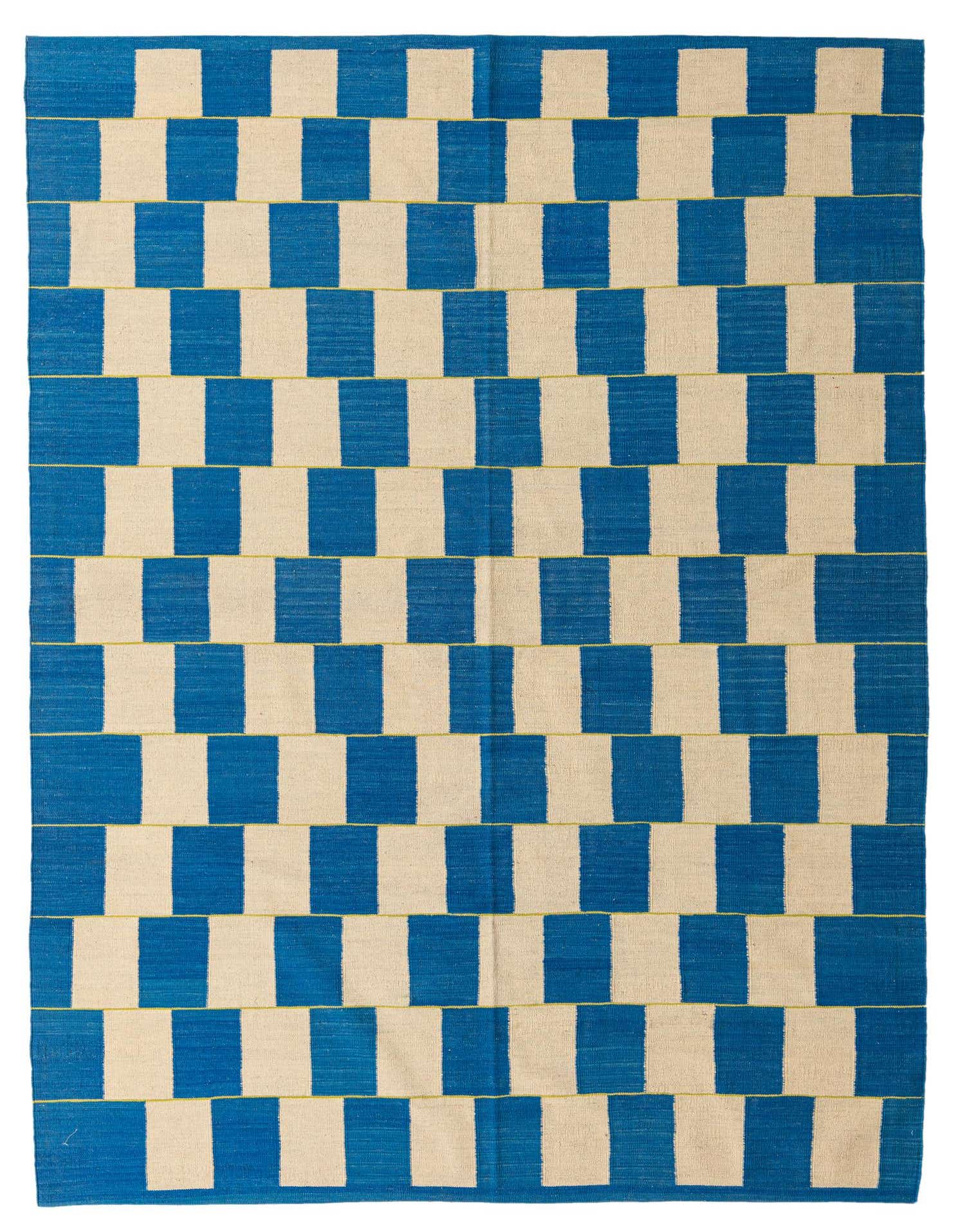A 7x10 rectangular flatweave rug featuring a bold checkerboard pattern of ivory and blue blocks, with thin yellow lines separating the rows.