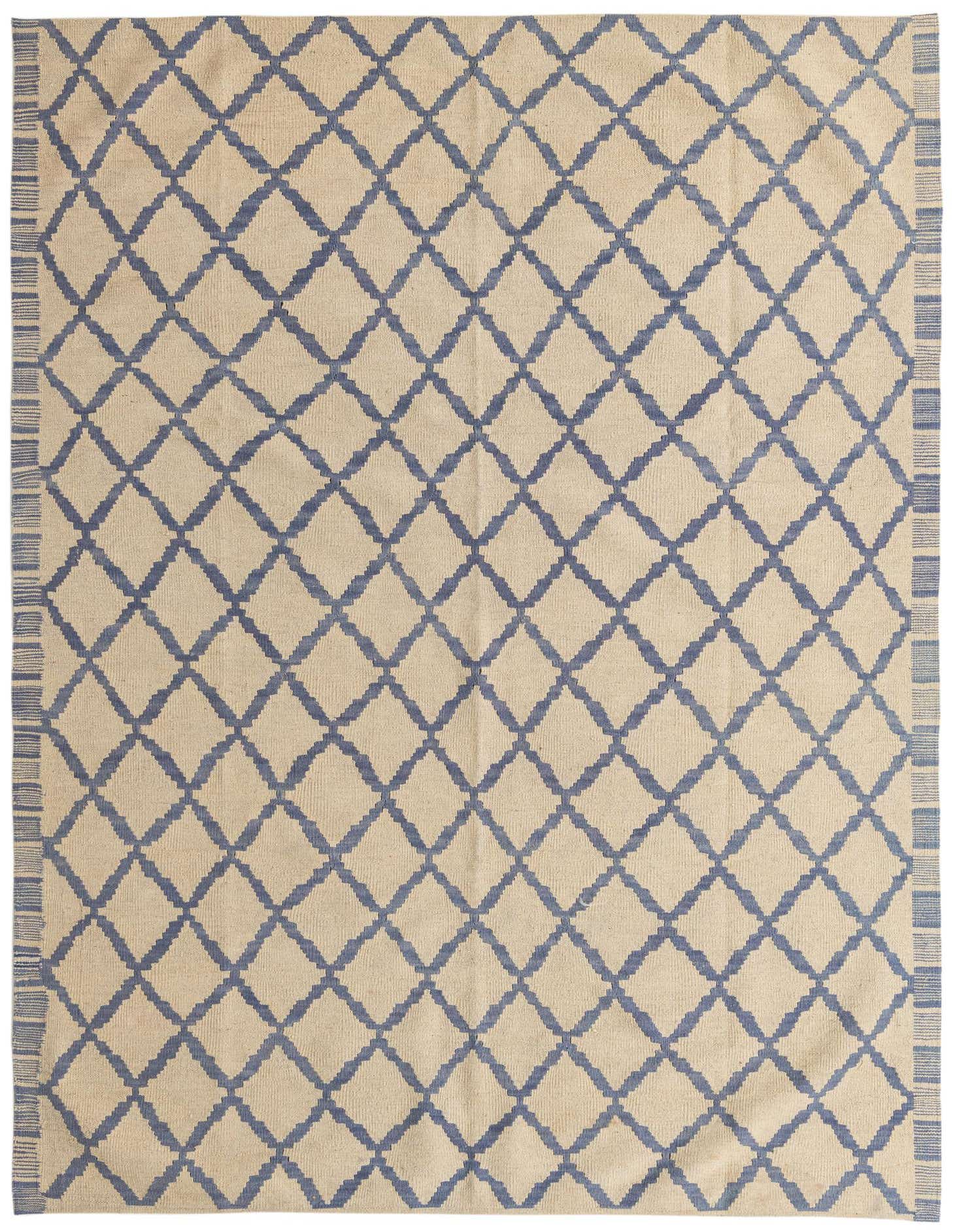 A 5x8 rectangular ivory flatweave rug with a repeating blue tribal diamond pattern and striped borders.