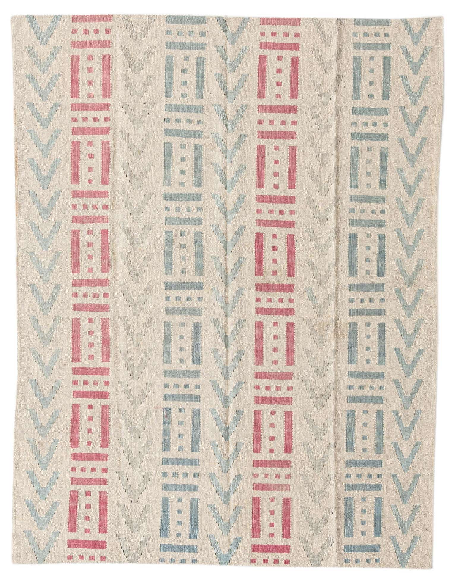 A 4x6 rectangular ivory flatweave wool rug with a modern tribal pattern in red and light blue.