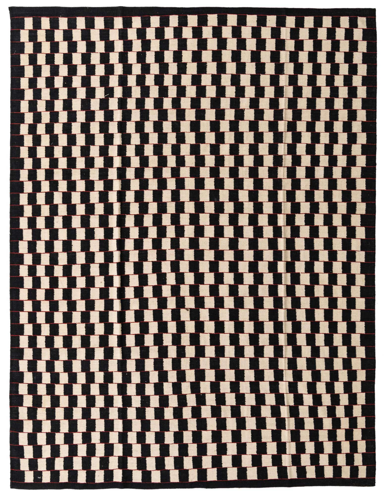 An 8x10 rectangular flatweave rug featuring a bold black and ivory checkerboard pattern, perfect for a modern living room.