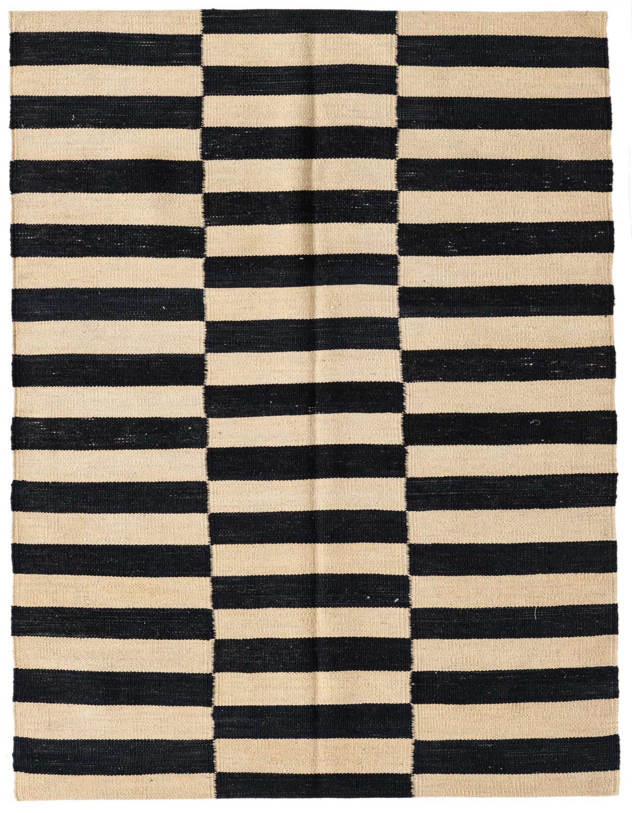 A 3x5 rectangular Kilim Modern rug with alternating horizontal stripes of black and cream, showcasing a tribal, modern design.
