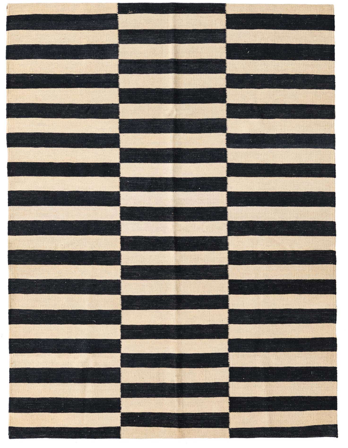 A 4x6 rectangular Kilim Modern wool rug with a bold black and ivory striped pattern, perfect for a living room.