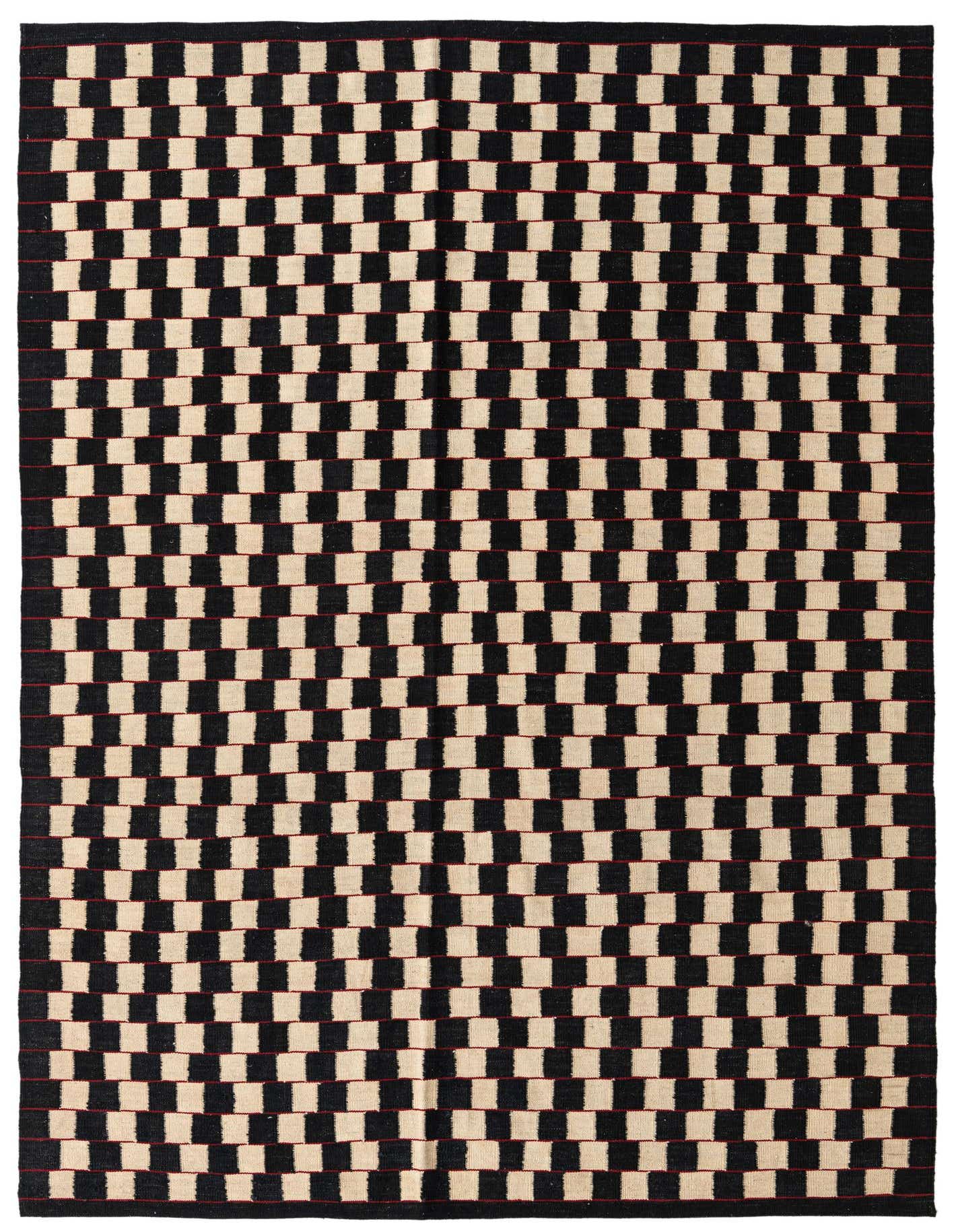 A 6x9 rectangular Kilim Modern rug with a black and ivory checkerboard pattern, featuring thin red horizontal lines.