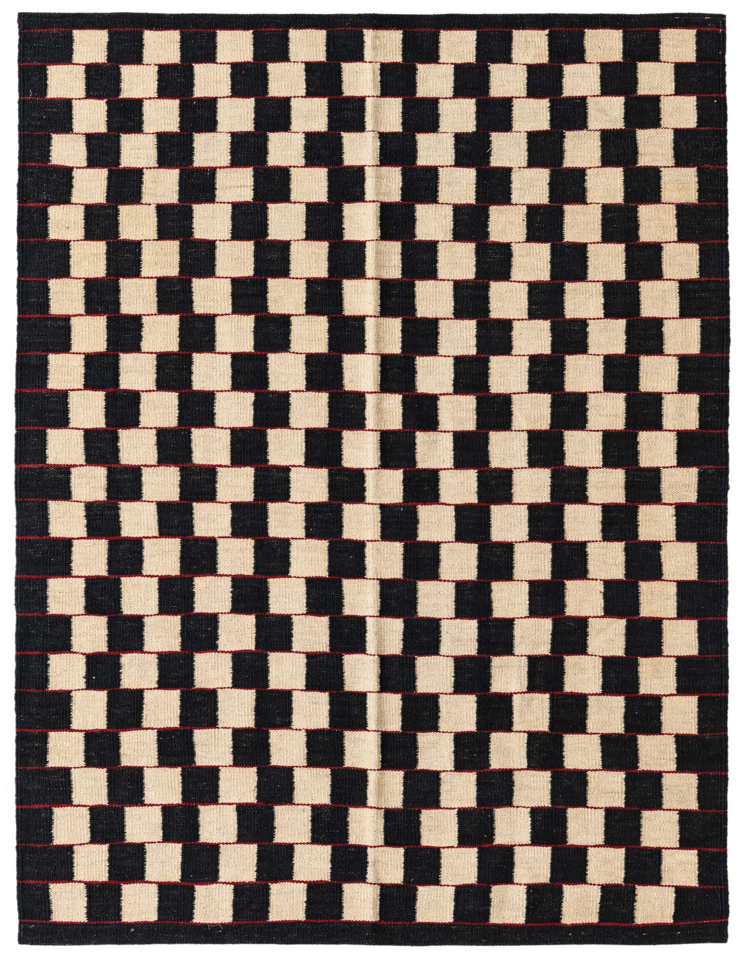 A 4x6 rectangular Kilim Modern rug with a bold black and ivory checkerboard pattern, featuring thin red lines between rows, ideal for a living room.