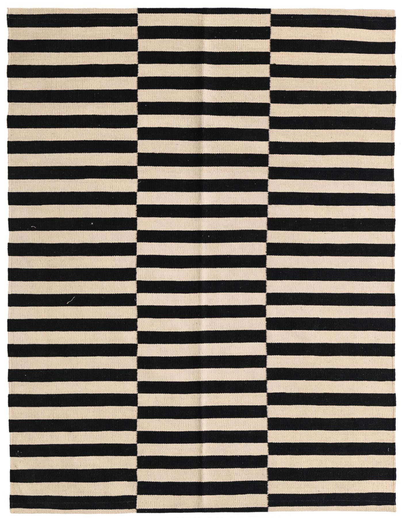 A 4x6 rectangular Kilim Modern wool rug featuring alternating black and ivory horizontal stripes in a tribal pattern.