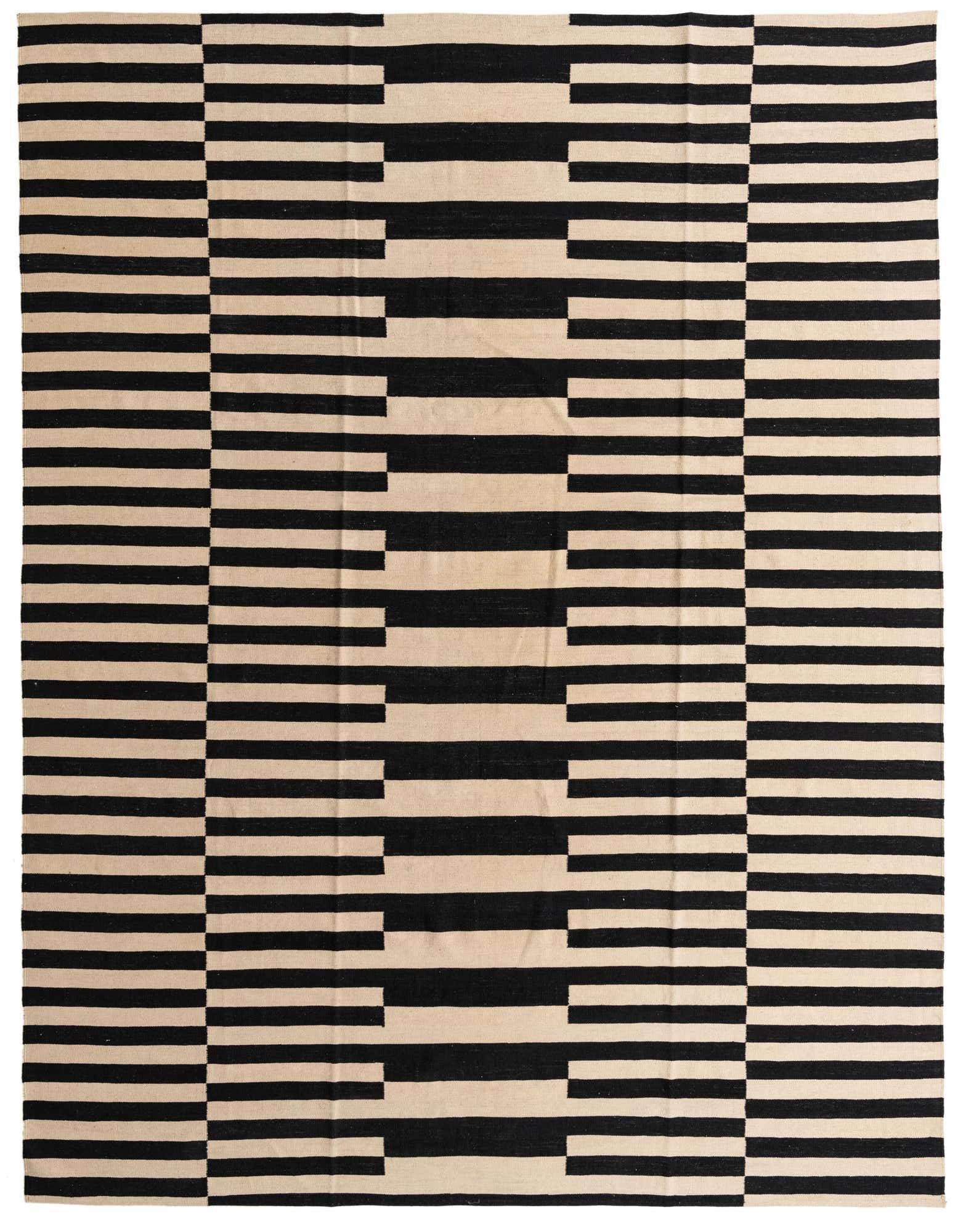 A 10x13 rectangular Kilim Modern rug with a bold black and ivory striped geometric pattern, ideal for a living room.