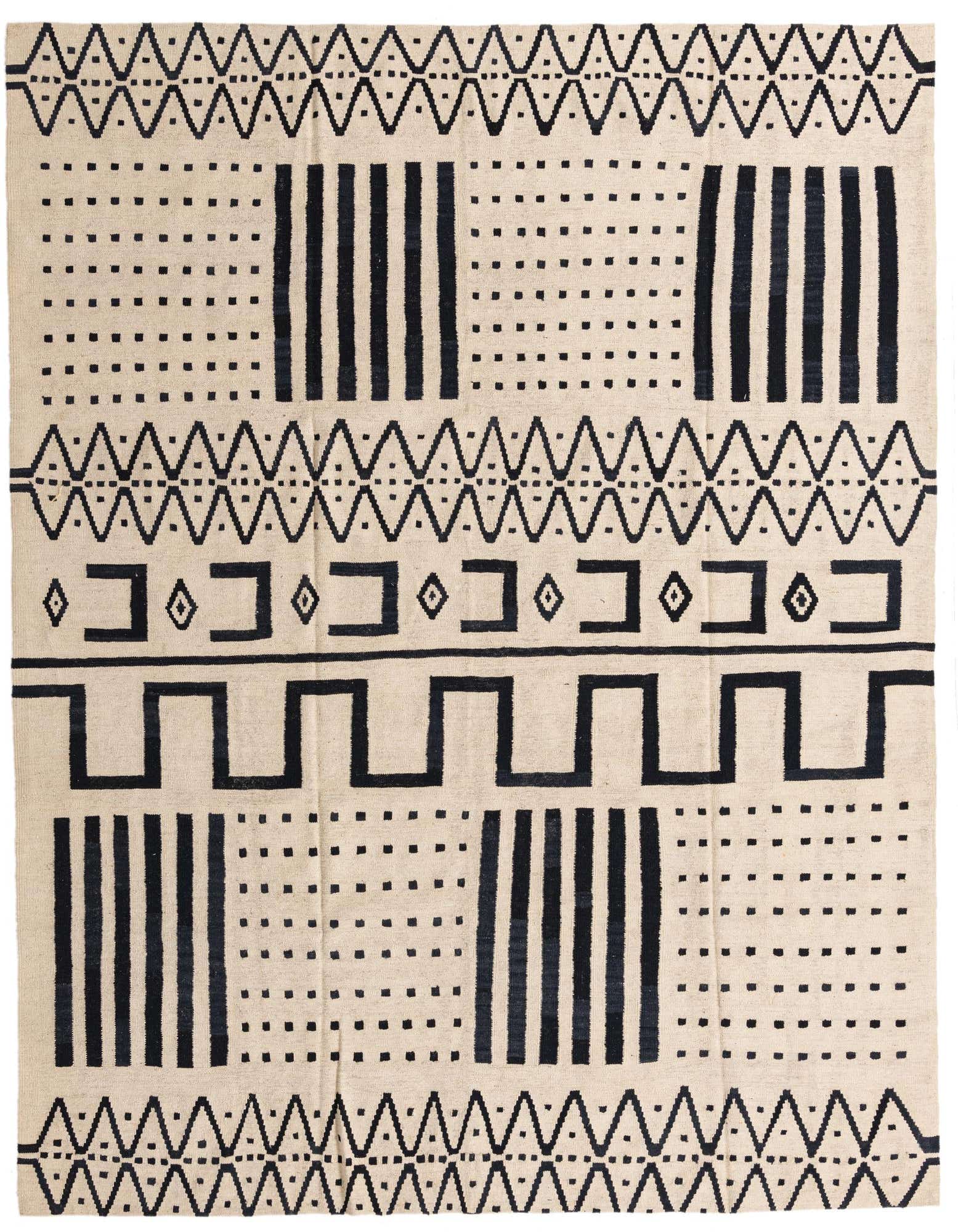 An 8x10 rectangular ivory and black flatweave rug with a tribal pattern featuring stripes, dots, and geometric shapes.