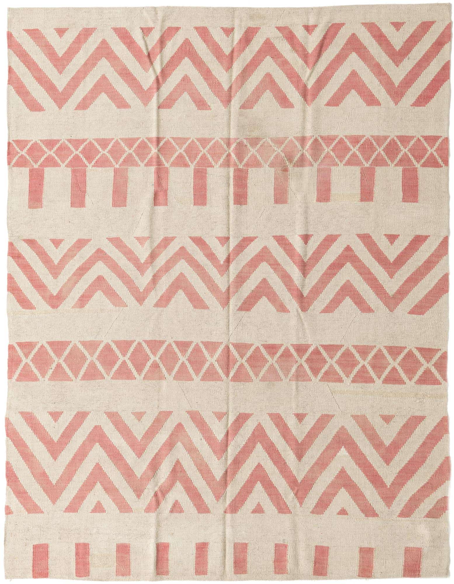 A 5x8 rectangular Kilim Modern rug with a tribal pattern in ivory and light pink, featuring chevron and diamond bands.