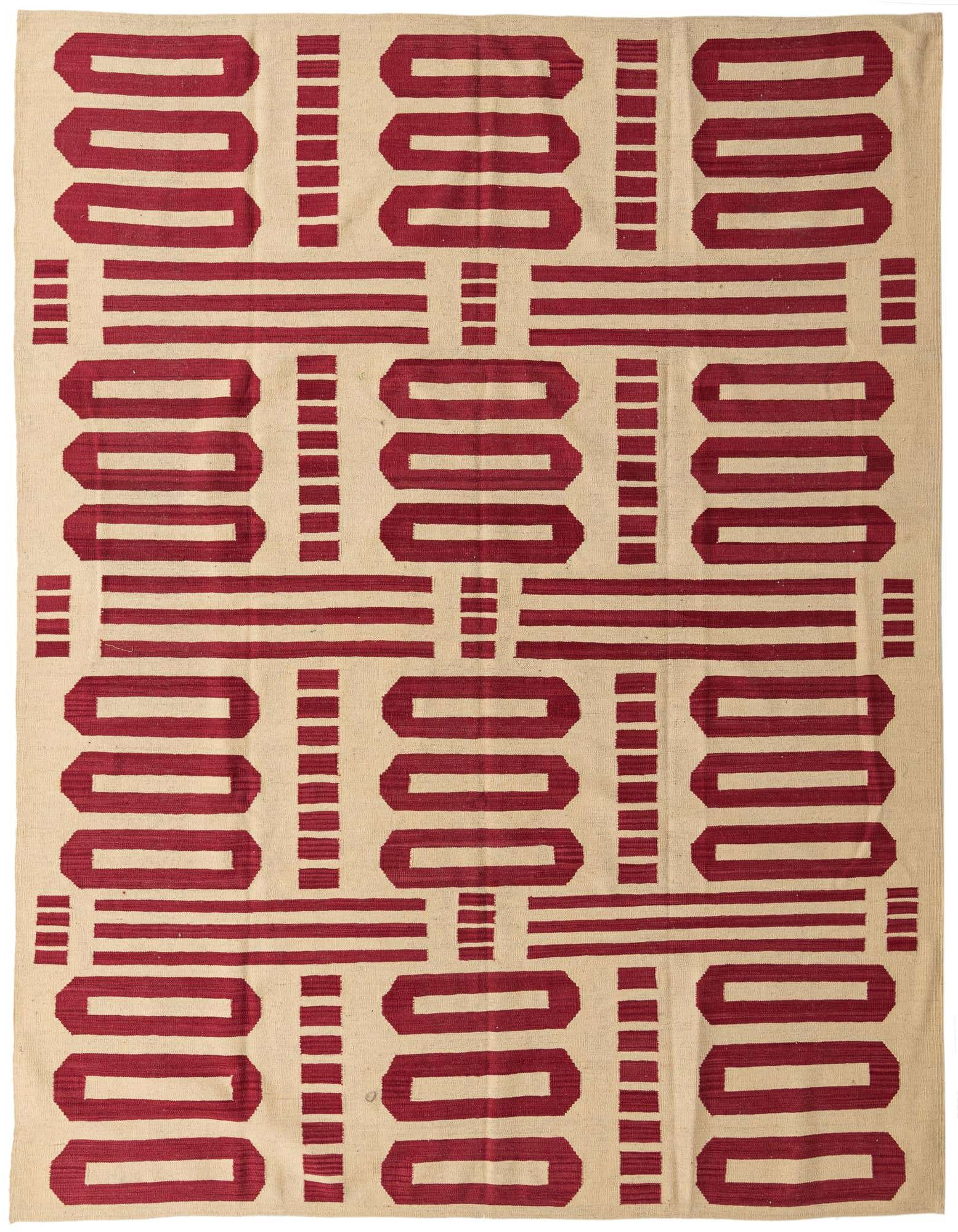 An 8x10 rectangular flatweave rug featuring a bold, repeating tribal pattern in deep red on an ivory background.