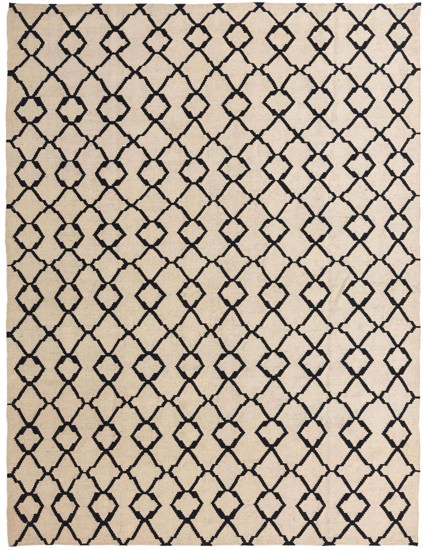 A 7x10 rectangular ivory and black flatweave wool rug with a modern tribal diamond pattern, suitable for a living room.