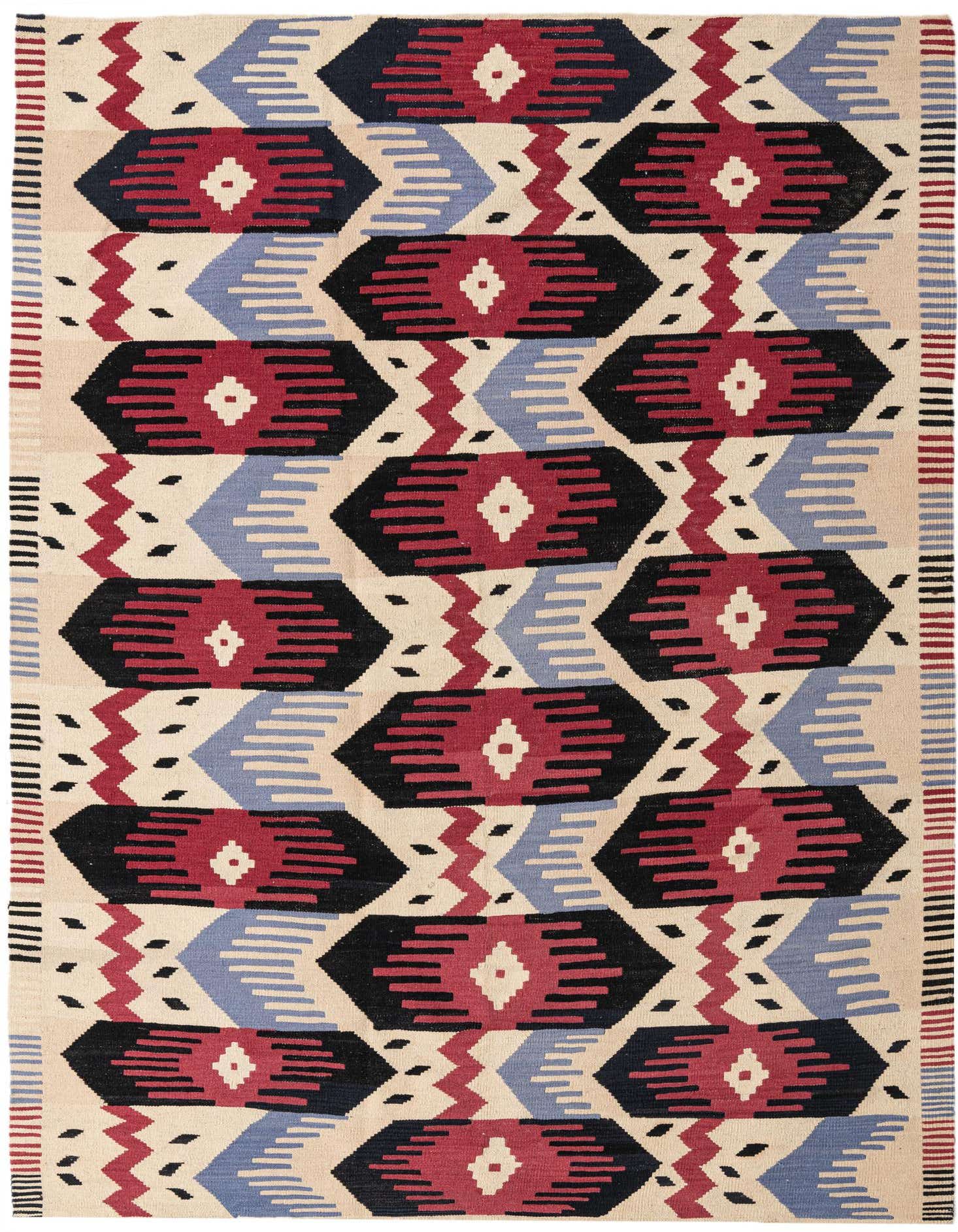 A 5x8 rectangular Kilim Modern rug with a tribal pattern in ivory, red, black, and light blue, featuring geometric shapes.