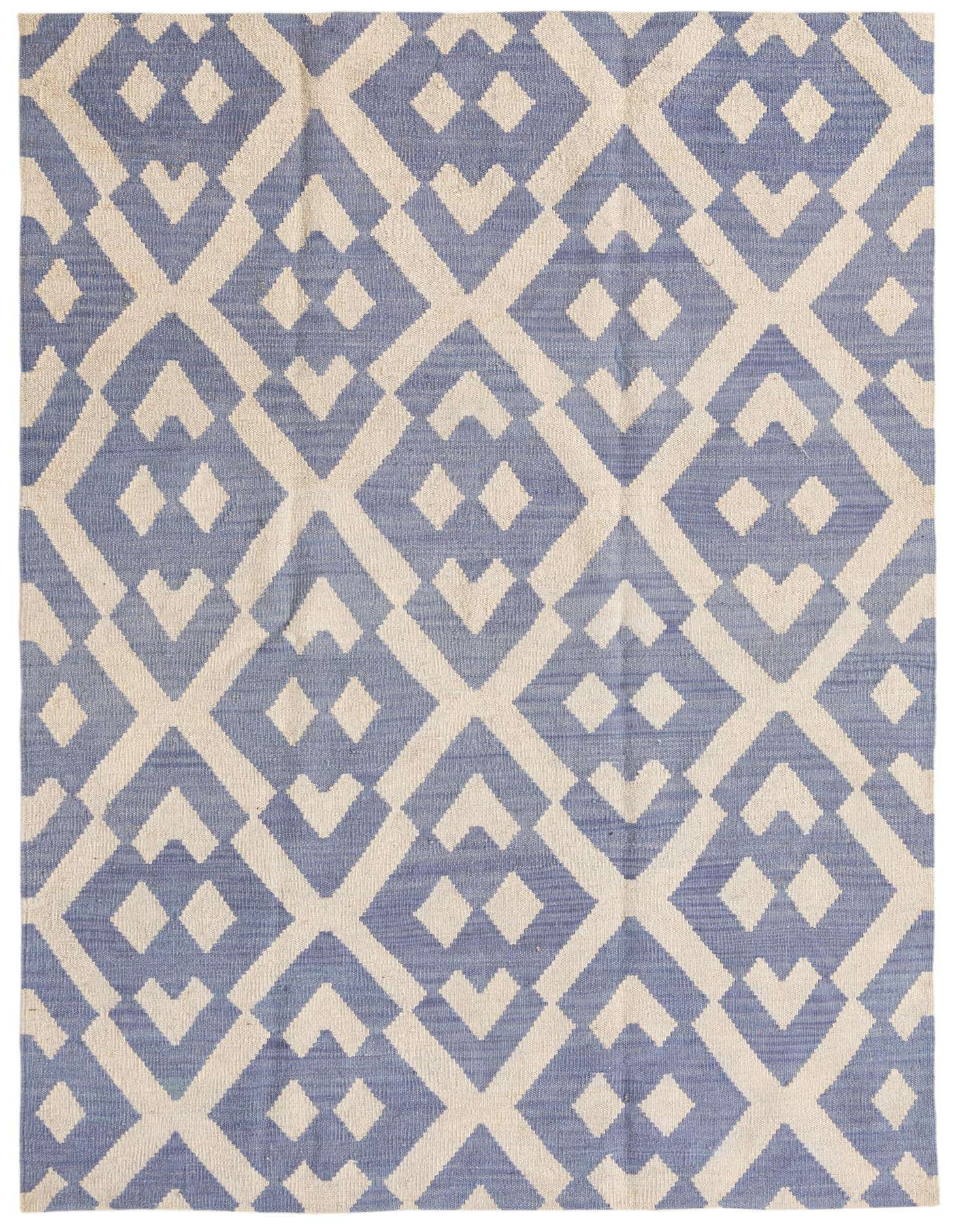 A 4x6 rectangular flatweave wool rug featuring an ivory geometric tribal pattern on a light blue background.
