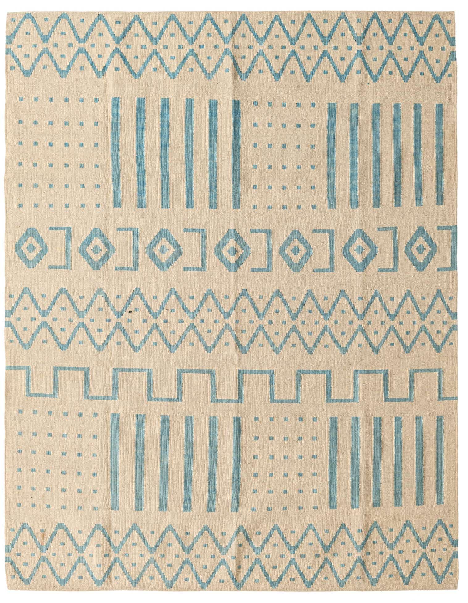 A 5x8 rectangular ivory flatweave wool rug with a modern tribal pattern in light blue, featuring zigzags, stripes, and diamond shapes.