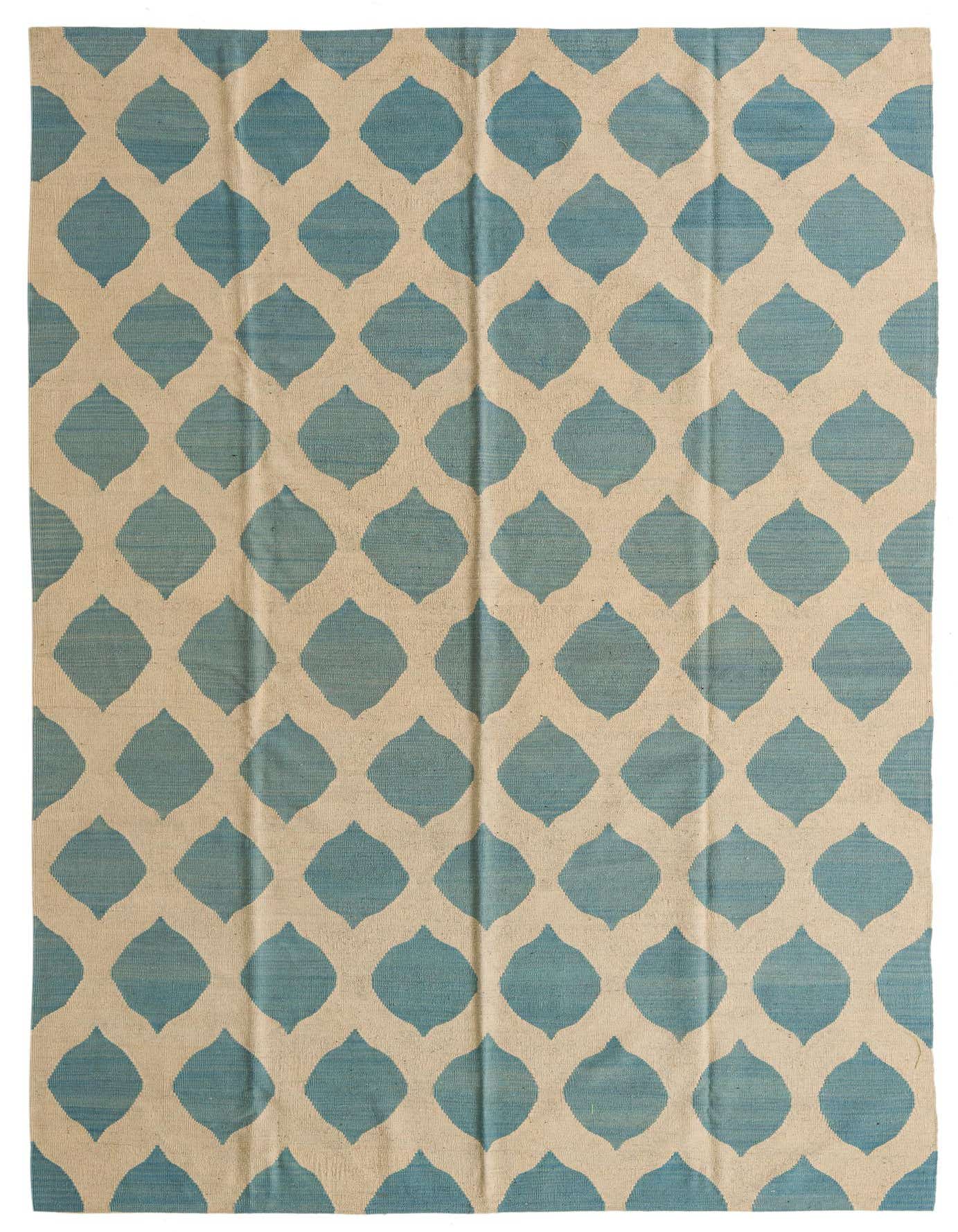 A 7x10 rectangular flatweave rug featuring a repeating tribal pattern of blue-green ogee shapes on an ivory background.