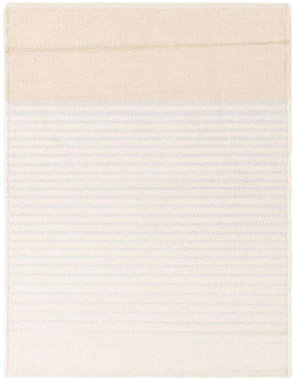 A 3x5 rectangular ivory and cream wool flatweave rug with subtle light blue horizontal stripes, ideal for a kitchen or entryway.