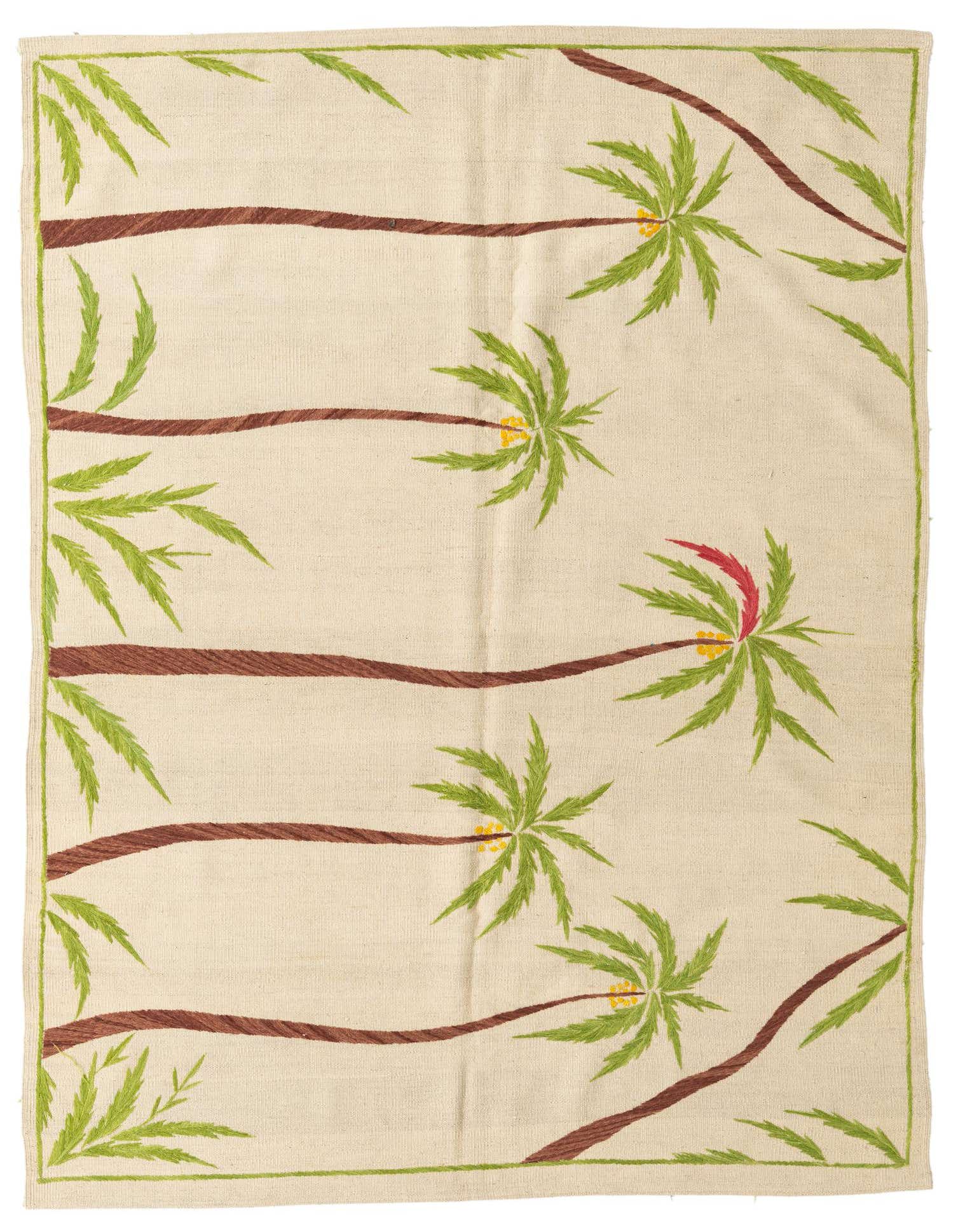 A 5x8 rectangular ivory flatweave rug with a modern tribal pattern of brown palm trees and green fronds, suitable for a living room.