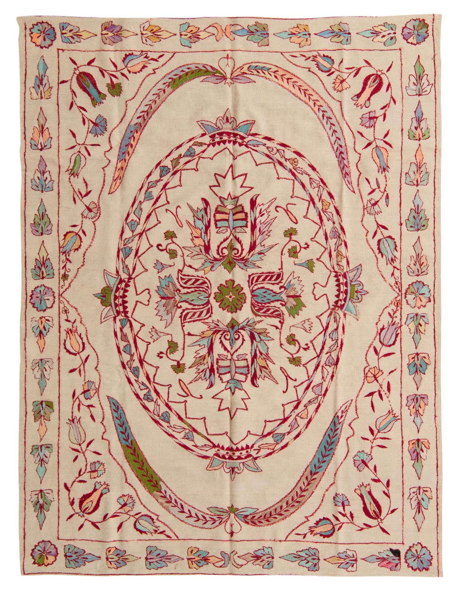 A 5x8 rectangular ivory flatweave rug with a colorful tribal floral pattern, featuring an oval medallion and intricate border.